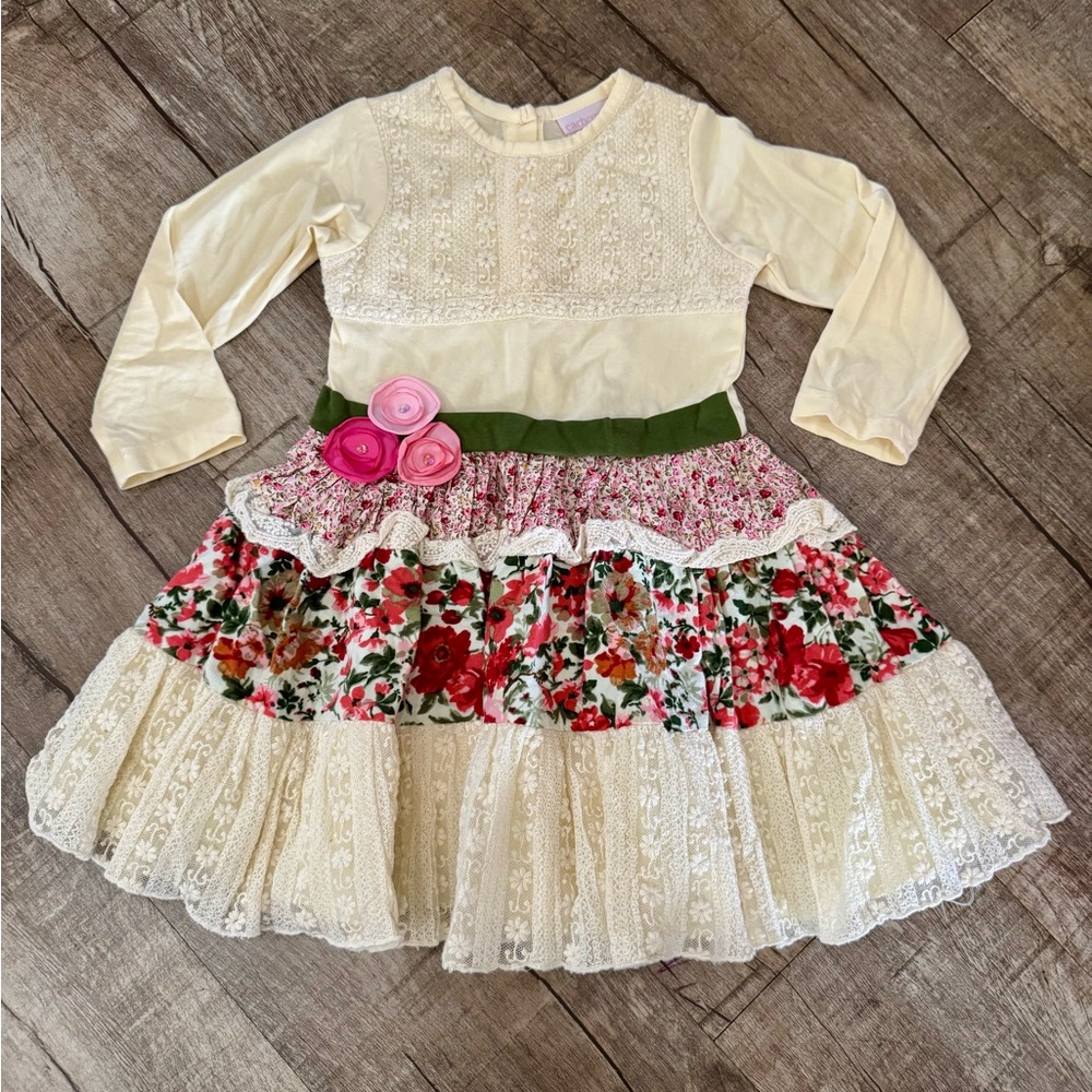 CachCach Girls 3T Floral Lace Tiered Dress Long Sleeve Rosette Cream Red Pink